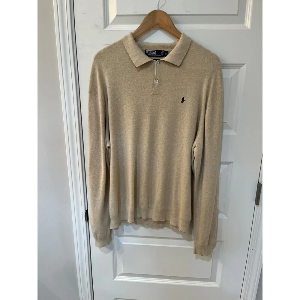 VTG‎ Polo Ralph Lauren Mens XXL Beige 100% Pima Cotton Long Sleeve Polo Sweater